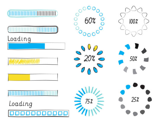 Loading progress bar vector style in doodle style. Updated progress circle bar icons. Loader button. Load progress bar for UI. Loading progress bar vector style in doodle style. Updated progress circle bar icons. Loader button. Load progress bar for UI. Upload status collection or download round process transfer print stock illustrations