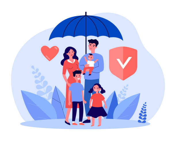 Family standing under insurance umbrella together Family standing under insurance umbrella together. Shield protection for parents and children flat vector illustration. Health and life insurance concept for banner, website design or landing web page insurance stock illustrations