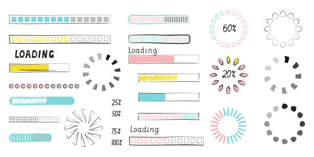 Loading progress bar vector style in doodle style. Updated progress circle bar icons. Loader button. Load progress bar for UI. Loading progress bar vector style in doodle style. Updated progress circle bar icons. Loader button. Load progress bar for UI. Upload status collection or download round process transfer print stock illustrations