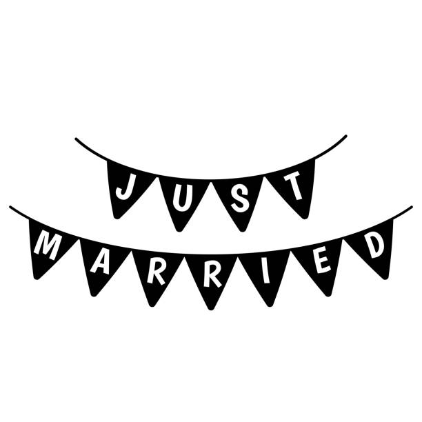 ilustrações de stock, clip art, desenhos animados e ícones de just married flags sign. hanging banner wedding day black and white icon. vector illustration. - newlywed