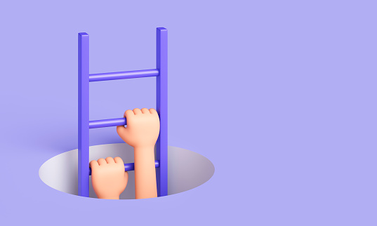 A man holds onto the rung of the ladder. 3d illustration