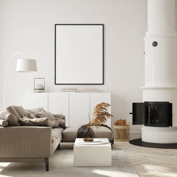 istock mock up poster frame in modern interior background, living room, Scandinavian style, 3D render, 3D illustration 1350257371