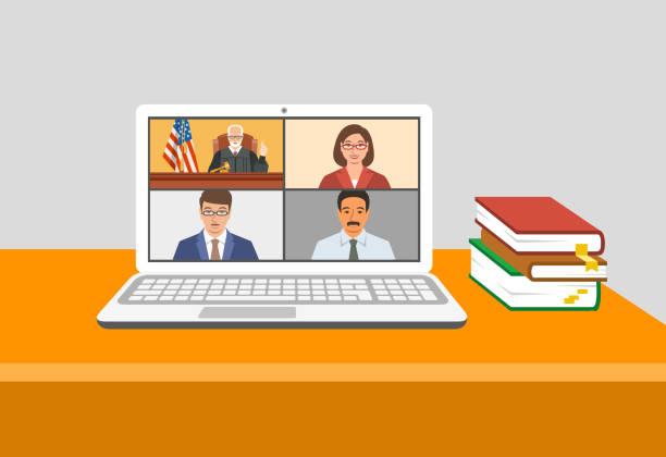 Remote court hearings online video conference vector art illustration