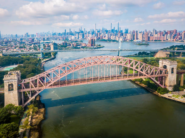 Flying over Hell Gate bridge in Queens New York