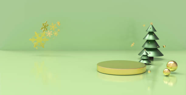 istock Abstract geometric Christmas and New Year background, minimal podium, Xmas studio. 3d illustration, Christmas festive design for product presentation. Horizontal sale banner in green gold colours. Golden snowflakes and green Christmas tree in studio stage 1350260322