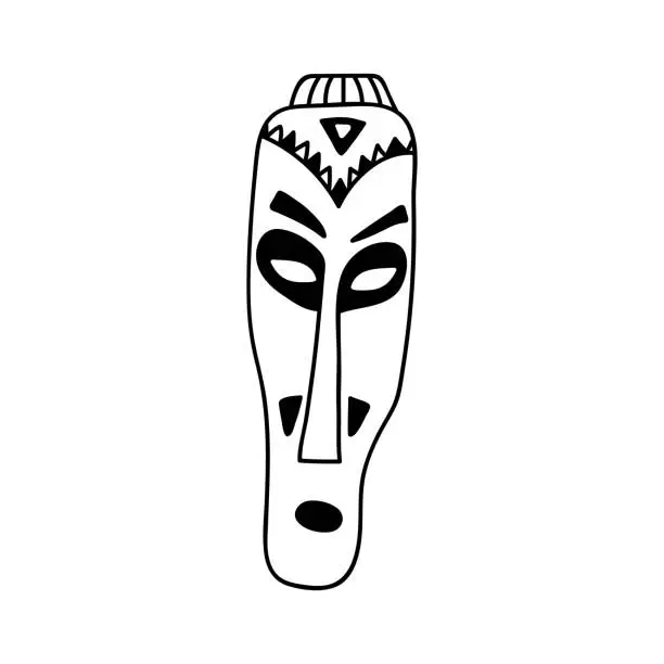 Vector illustration of Single hand drawn African wooden mask. Vector illustration in doodles style. Isolated on white background.