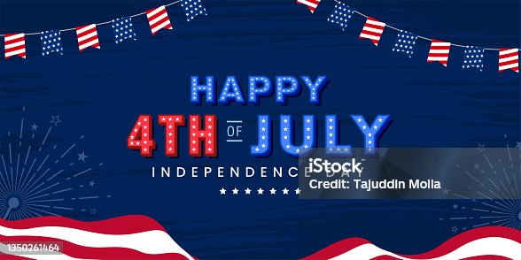 istock Happy 4th of July, USA Independence day modern trendy design with 3d star lettering, typography design. on the USA waving flag and grunge, firework burst celebration background. 1350261464