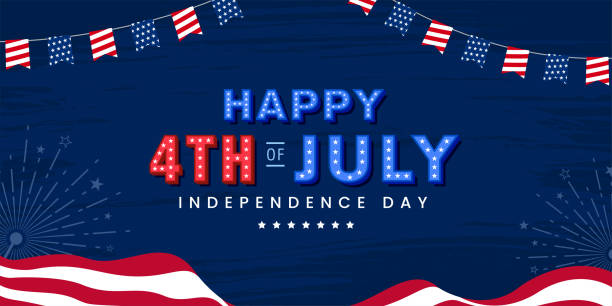 Happy 4th of July, USA Independence day modern trendy design with 3d star lettering, typography design. on the USA waving flag and grunge, firework burst celebration background. Independence Day is celebrated on the 4th of July of each year in the USA and it is the celebration of the day the United States Of America declared its independence from the control of Great Britain. Independence Day is commonly celebrated with the lighting of fireworks or electronic light shows, music, and outdoor activities the display of the "American" flag, and the display of the USA flag colors red, white, and blue. 4th of july stock illustrations