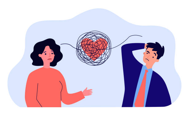 Tangled thread with heart between sad couple in stress Tangled thread with heart between sad couple in stress. Bad communication of man and woman flat vector illustration. Relationship, love, conflict concept for banner, website design or landing web page divorce-drawings stock illustrations