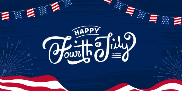 istock Happy fourth of July custom hand-lettering, typography design for 4th July celebration on usa waving flag and grunge, firework burst celebration background. 1350262079