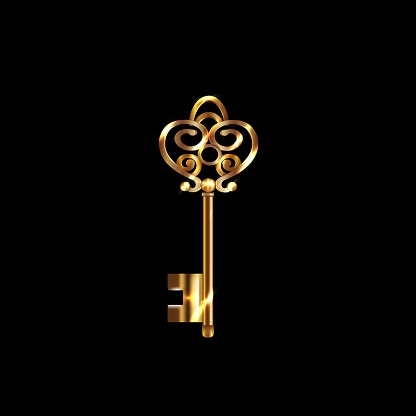 Gold vintage key, decorated with curlicues on a black background with light and glare