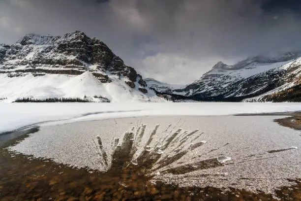 Bow Lake is a small lake in Banff national park, Canada. A chunk of ice hit the surface of the lake.