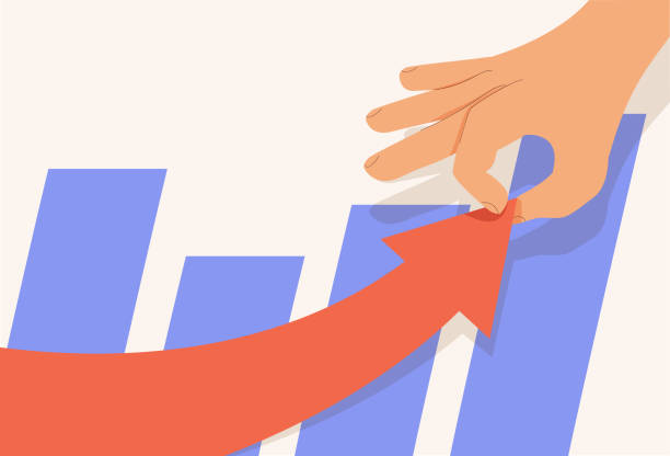Economics strategy, analysis of sales, statistic, data stat arrow illustration for banner, landing web page. Analyst. Economics strategy, analysis of sales, statistic, data stat arrow illustration for banner, landing web page. Analyst hand collect data and analyse business, business solution for ui or mobile app. increase stat stock illustrations
