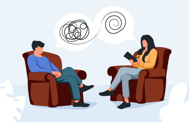 ilustrações de stock, clip art, desenhos animados e ícones de therapist and patient talking together, she is helping him to cope with a stressful situation. psychologist, counsellor. - skill emotional stress occupation men