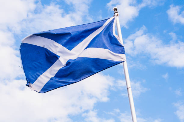 istock Scotland Flag blowing in the wind with a blue cloudy sky 1350268309