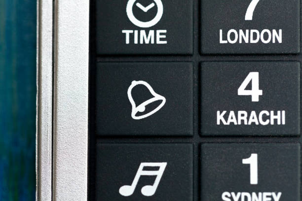 istock Alarm bell button icon, symbol macro, extreme closeup, object nobody. Pocket electronic organizer switch up close. Waking up, setting reminders, organizing and reminding abstract concept, nobody 1350268707