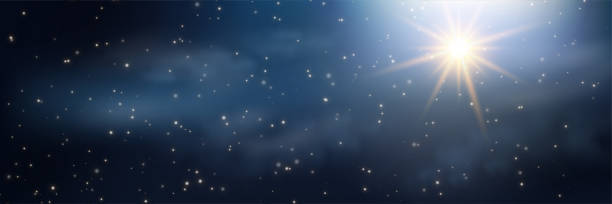 ilustraciones, imágenes clip art, dibujos animados e iconos de stock de una brillante estrella navideña sobre las nubes. la estrella brilla sobre el pesebre de navidad de jesucristo. eps10 - star of bethlehem