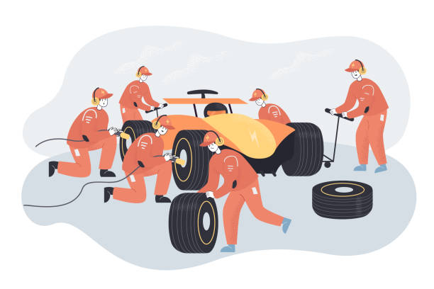 Car repair at sport races by professional team of mechanics Car repair at sport races by professional team of mechanics. Racer and technicians in uniform repairing car on pit stop flat vector illustration. Maintenance service during competition concept crewmembers stock illustrations