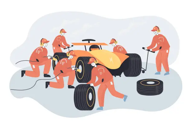 Vector illustration of Car repair at sport races by professional team of mechanics