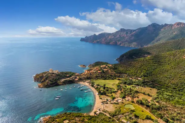 Landscape with Girolata bay in Scandola natural reserve , Corsica, France