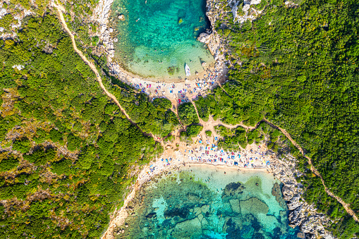 Corfu Island iconic image. Aerial drone view of Porto Timoni beach in Corfu. Ionian sea, Greece