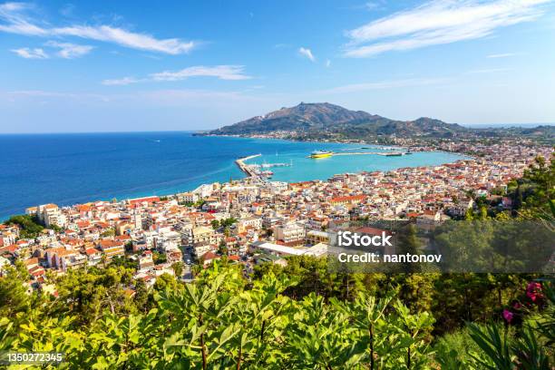Aerial Panoramic Cityscape View Of Zakynthos City Capital Of The Island Zakynthos In The Ionian Sea In Greece Summer Sunny Day Stock Photo - Download Image Now