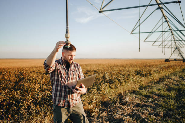 istock Young farmer standing in wheat field and setup irrigation system 1350274554