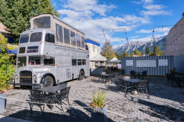 Canmore, Alberta, Canada - 28 September 2021: PD3 by Blake double decker bus with dining on the upper floor