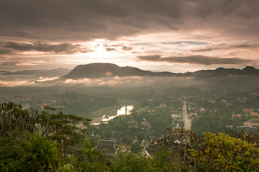 High up view over the the town of Luang Prabang in Laos.