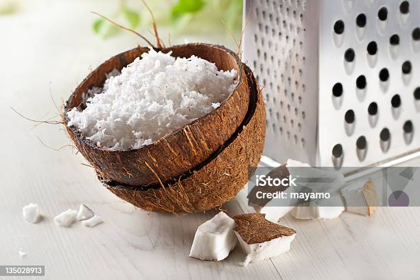 Grated Coconut With Grater Stock Photo - Download Image Now - Coconut, Grated, Bowl