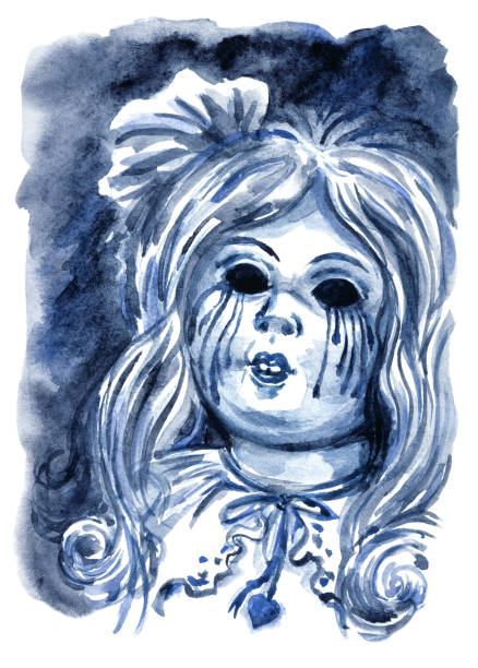 Forgotten doll without eyes cryin Forgotten doll without eyes crying in the dark, watercolor illustration for Halloween, print for greeting cards and other printing. black baby crying drawing stock illustrations
