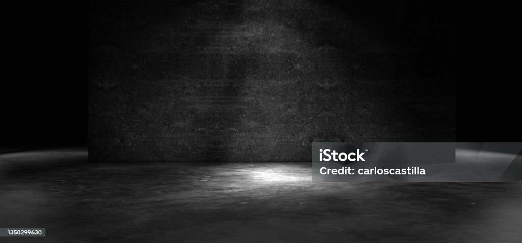 Empty dark space.3d illustration."n Empty cement room or space.Floor with  concrete wall texture background  illuminated by spotlight or lamppost."n Darkroom Stock Photo