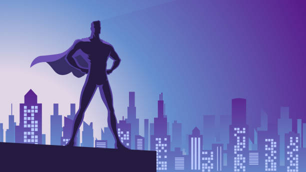 Vector Superhero in A City Silhouette vector art illustration