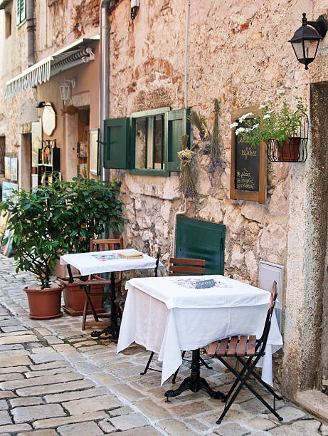 Street cafe in old town Rovinj stock photo
