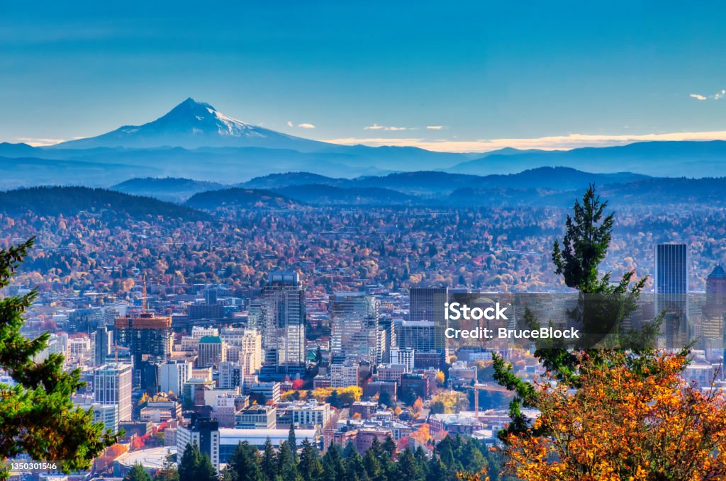 Portland Oregon skyline with Mt. Hood in Autumn Aerial view of Portland, Oregon take in Autumn Portland - Oregon Stock Photo