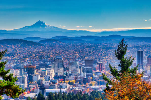 Portland Oregon skyline with Mt. Hood in Autumn Aerial view of Portland, Oregon take in Autumn cascade range photos stock pictures, royalty-free photos & images