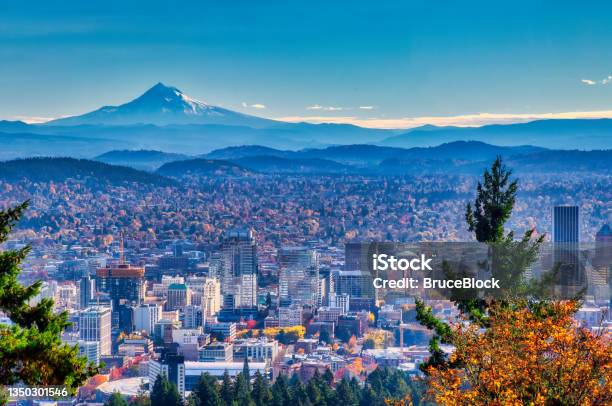 Portland Oregon Skyline With Mt Hood In Autumn Stock Photo - Download Image Now - Portland - Oregon, Oregon - US State, Urban Skyline