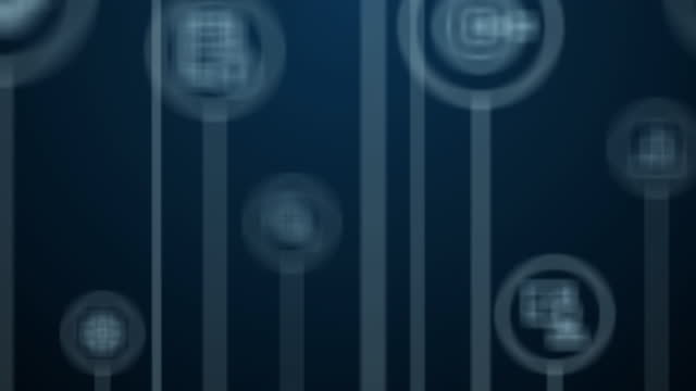 4K Abstract animation. Digital business technology, market strategy plan background. Moving pass through lines, circles and icons.