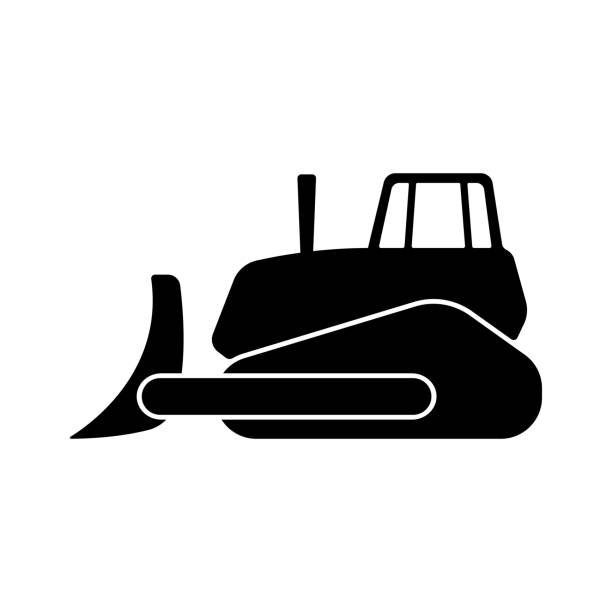 illustrations, cliparts, dessins animés et icônes de icône bulldozer. silhouette noire. vue latérale. illustration graphique plate vectorielle. objet isolé sur fond blanc. isoler. - earth mover bulldozer construction equipment digging