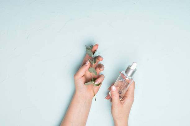 istock Composition with a branch of eucalyptus. Copy space. Flat lay, top view. 1350315284