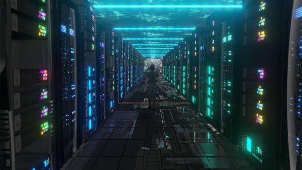 istock woman Moving Through Data Center with Server Racks LED Lights 1350320133