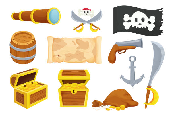 ilustrações, clipart, desenhos animados e ícones de conjunto pirata com crânio engraçado, baú de tesouro de madeira, barril, arma, bandeira preta e mapa em estilo desenho animado isolado em fundo branco. elementos caribenhos, coleção de aventuras. busca de tesouros. . ilustração vetorial - coin gold black background wood