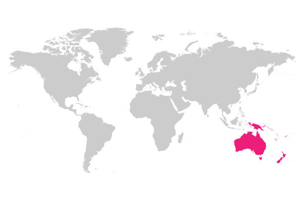 ilustraciones, imágenes clip art, dibujos animados e iconos de stock de continente de australia rosa marcado en el mapa del mundo - melanesia