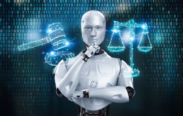 Cyber law or internet law concept with ai robot Cyber law or internet law concept with 3d rendering ai robot and law scale and gavel judge artificial intelligence stock pictures, royalty-free photos & images