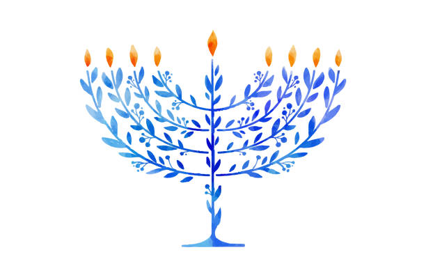 illustrazioni stock, clip art, cartoni animati e icone di tendenza di happy hanukkah, illustrazione ad acquerello vettoriale, design di banner. tradizionale biglietto di auguri per le festività ebraiche con menorah e dreidels - hanukkah menorah dreidel judaism