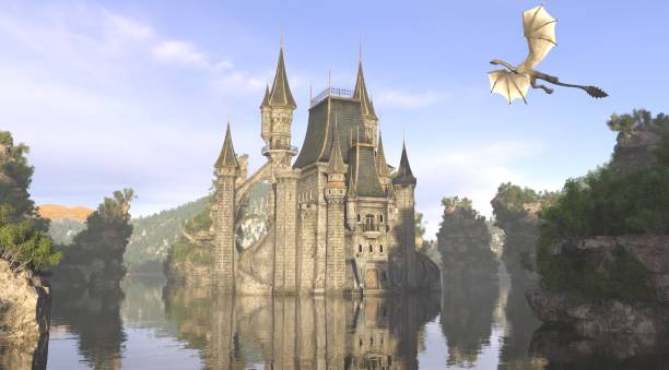 3D Illustration Of A Castle On The Water And Dragon stock photo