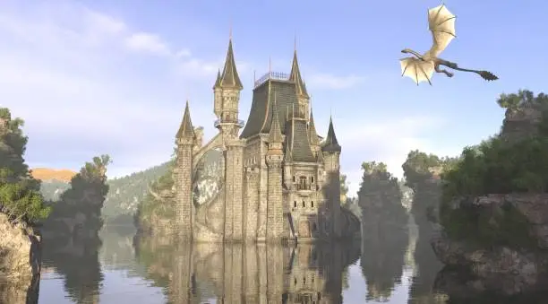 Photo of 3D Illustration Of A Castle On The Water And Dragon