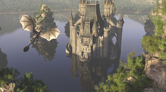 Castle On The Water And Dragon 3D Illustration