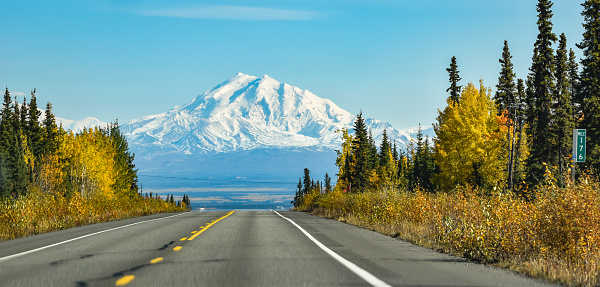 Mount Drum looms in the distance while traveling down the Glenn Highway, on this  Fall day in Interior Alaska.
