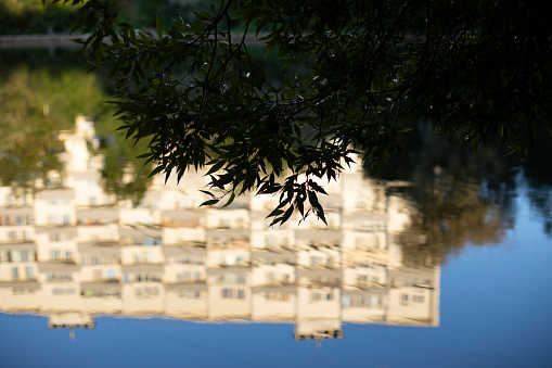 The building is reflected in the water. The surface of the lake in the park. The white building is reflected as in a mirror. In summer in the park.